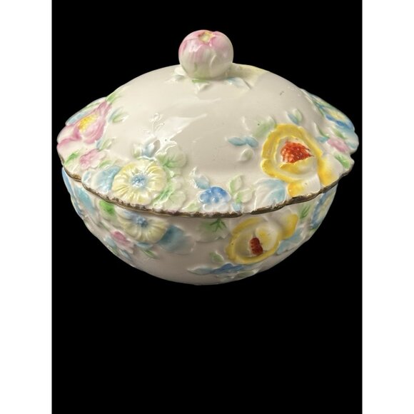 Vintage Japanese Hand Painted Raised Floral Lidded Powder Dresser Jar Ceramic 5" - Picture 7 of 10